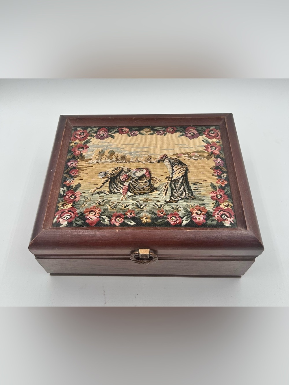 Vintage Wooden Jewelry Box Tapestry Lid Brown 8.25"